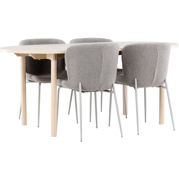 Soikea ruokailuryhmä Venture Home, 180x90cm vaalea Andy-pöytä + 4 harmaata Modesto-tuolia, 