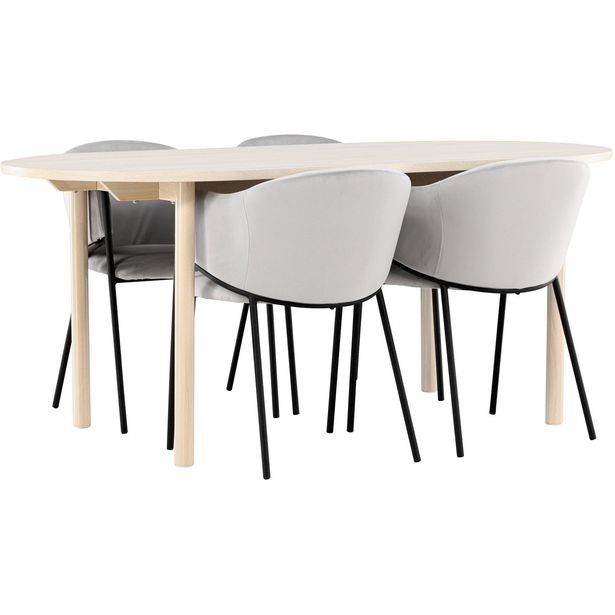 Soikea ruokailuryhmä Venture Home, 180x90cm vaalea Andy-pöytä + 4 harmaata Evelina-tuolia, sametti