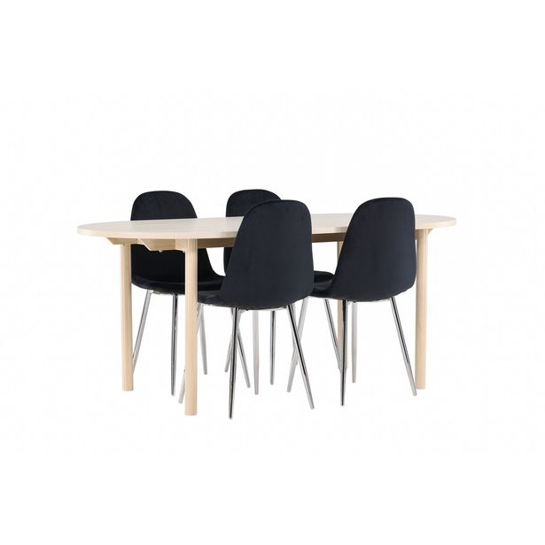 Soikea ruokailuryhmä Venture Home, 180x90cm vaalea Andy-pöytä + 4 mustaa Polar-tuolia, sametti