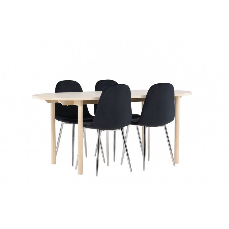 Soikea ruokailuryhmä Venture Home, 180x90cm vaalea Andy-pöytä + 4 mustaa Polar-tuolia, sametti