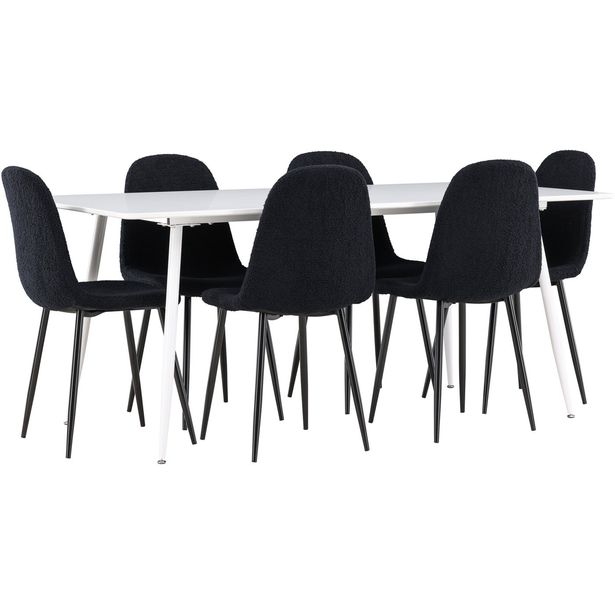 Ruokailuryhmä Venture Home, 180x90cm valkoinen Silar-pöytä + 6 mustaa Polar-tuolia