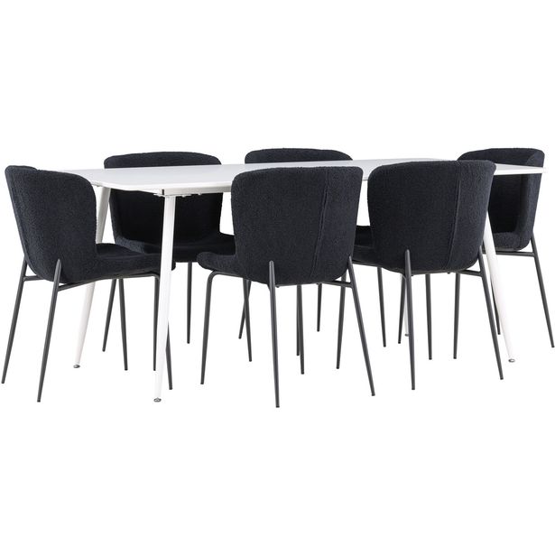 Ruokailuryhmä Venture Home, 180x90cm valkoinen Silar-pöytä + 6 mustaa Modesto-tuolia