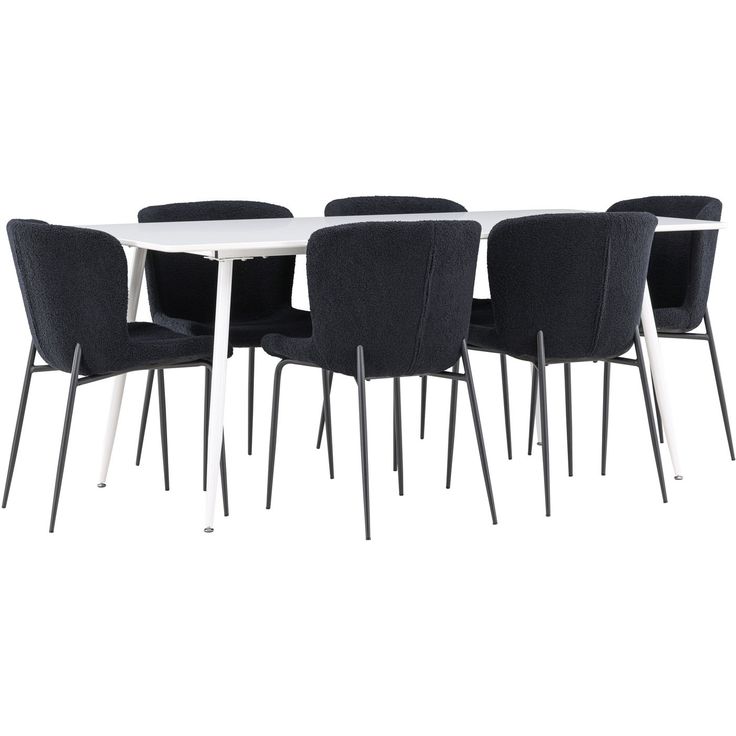 Ruokailuryhmä Venture Home, 180x90cm valkoinen Silar-pöytä + 6 mustaa Modesto-tuolia