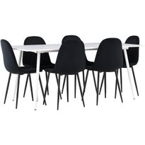 Ruokailuryhmä Venture Home, valkoinen 180x90cm Silar-pöytä + 6 mustaa Polar-tuolia, sametti