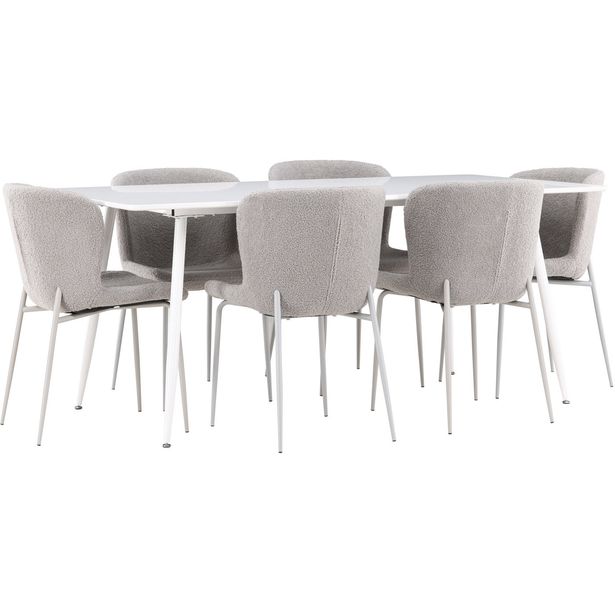 Ruokailuryhmä Venture Home, 180x90cm valkoinen Silar-pöytä + 6 harmaata Modesto-tuolia