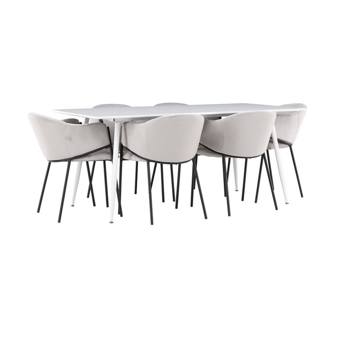 Ruokailuryhmä Venture Home, 180x90cm valkoinen Silar-pöytä + 6 harmaata Evelina-tuolia, sametti