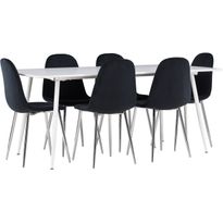 Ruokailuryhmä Venture Home, 180x90cm valkoinen Silar-pöytä + 6 mustaa Polar-tuolia, sametti
