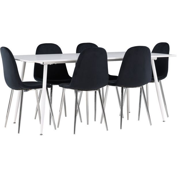 Ruokailuryhmä Venture Home, 180x90cm valkoinen Silar-pöytä + 6 mustaa Polar-tuolia, sametti