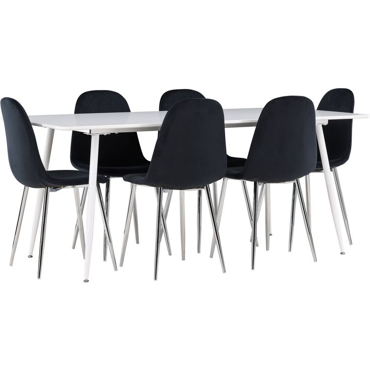 Ruokailuryhmä Venture Home, 180x90cm valkoinen Silar-pöytä + 6 mustaa Polar-tuolia, sametti