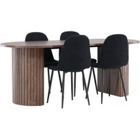 Soikea ruokailuryhmä Venture Home, 200x90cm mokanruskea Härön-pöytä + 4 mustaa Polar-tuolia, teddy