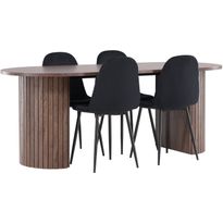 Soikea ruokailuryhmä Venture Home, 200x90cm mokanruskea Härön-pöytä + 4 Polar-tuolia, sametti