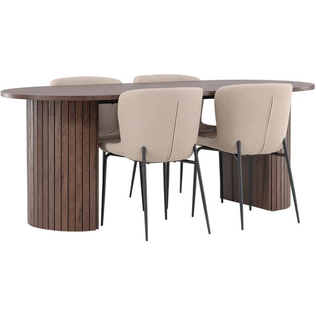 Soikea ruokailuryhmä Venture Home, 200x90cm mokanruskea Härön-pöytä + 4 beigeä Modesto-tuolia, bouclé