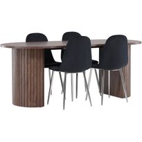 Soikea ruokailuryhmä Venture Home, 200x90cm mokanruskea Härön-pöytä + 4 musta/kromi Polar-tuolia, sametti