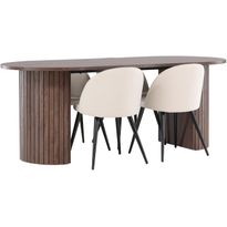 Soikea ruokailuryhmä Venture Home, 200x90cm mokanruskea Härön-pöytä + 4 beigeä Velvet-tuolia, sametti