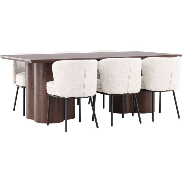 Ruokailuryhmä Venture Home, 210x100cm Olivia-pöytä + 6 valkoista Agnes-tuolia, bouclé