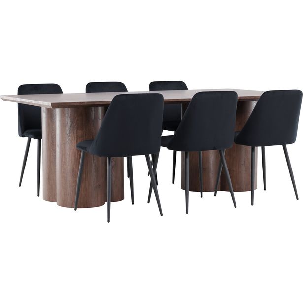 Ruokailuryhmä Venture Home, 210x100cm Olivia-pöytä + 6 mustaa Night-tuolia, sametti