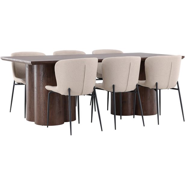 Ruokailuryhmä Venture Home, 210x100cm Olivia-pöytä + 6 beigeä Modesto-tuolia, bouclé