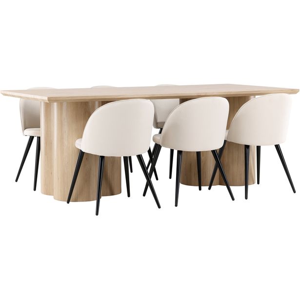 Ruokailuryhmä Venture Home, 210x100cm Olivia-pöytä + 6 beigeä Velvet-tuolia, sametti