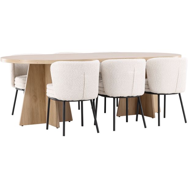 Soikea ruokailuryhmä Venture Home, 230x115cm ruskea Bootcut-pöytä + 6 valkoista Agnes-tuolia, bouclé