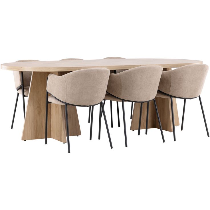 Soikea ruokailuryhmä Venture Home, 230x115cm ruskea Bootcut-pöytä + 6 beigeä Evelina-tuolia