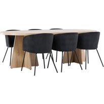 Soikea ruokailuryhmä Venture Home, 230x115cm ruskea Bootcut-pöytä + 6 mustaa Berit-tuolia, vakosametti