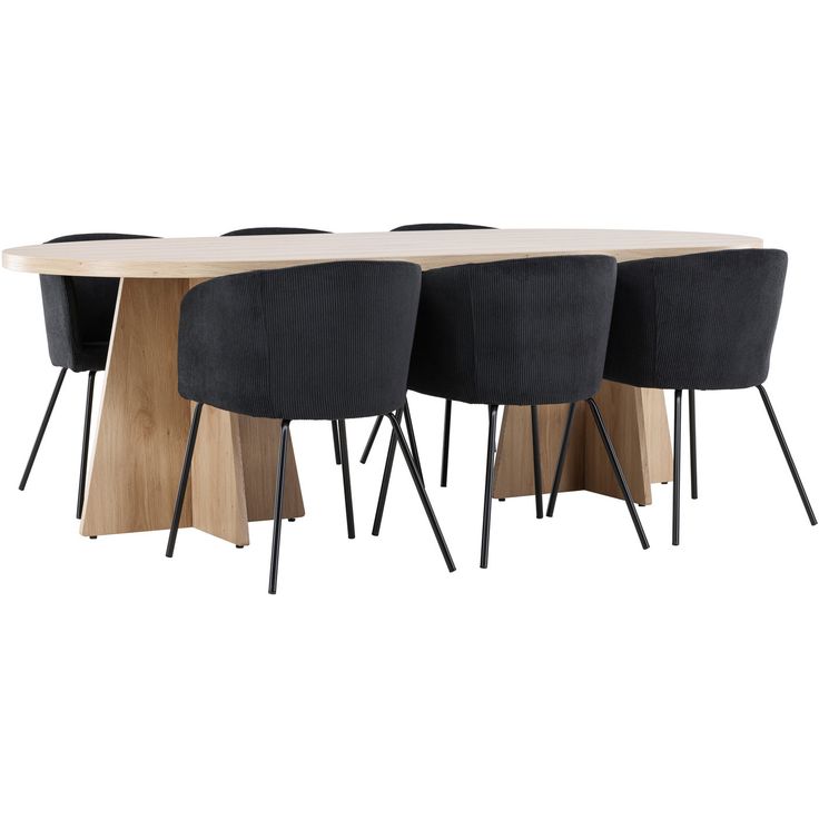 Soikea ruokailuryhmä Venture Home, 230x115cm ruskea Bootcut-pöytä + 6 mustaa Berit-tuolia, vakosametti