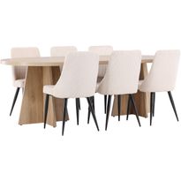 Soikea ruokailuryhmä Venture Home, 230x115cm ruskea Bootcut-pöytä + 6 beigeä Leone-tuolia, vakosametti