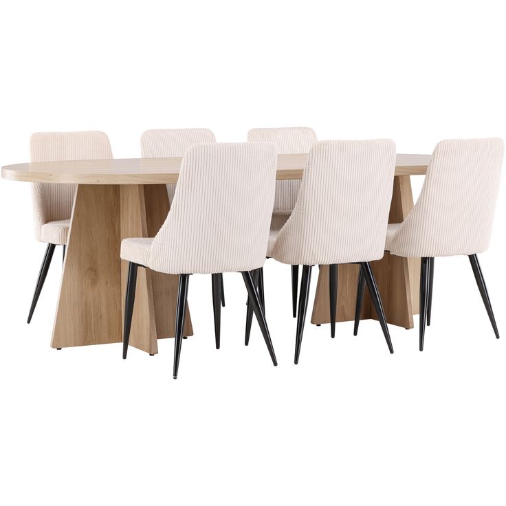 Soikea ruokailuryhmä Venture Home, 230x115cm ruskea Bootcut-pöytä + 6 beigeä Leone-tuolia, vakosametti