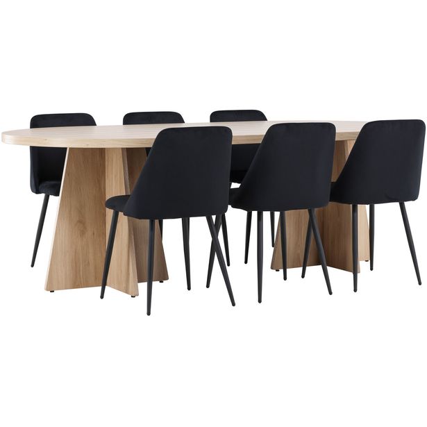 Soikea ruokailuryhmä Venture Home, 230x115cm ruskea Bootcut-pöytä + 6 mustaa Night-tuolia, sametti