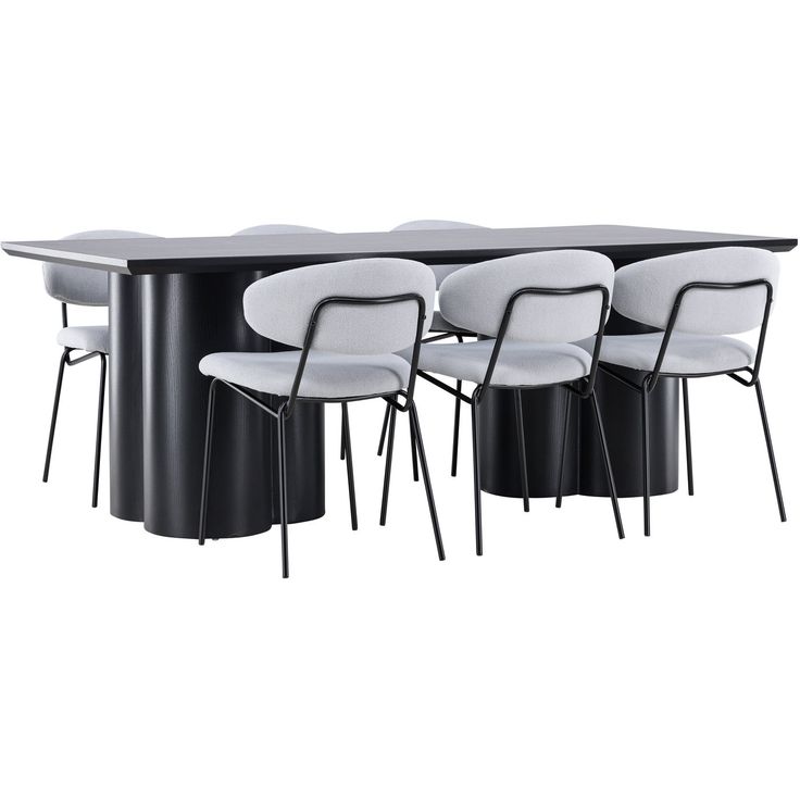 Ruokailuryhmä Venture Home, 210x100cm musta Olivia-pöytä + 6 sinistä Chico-tuolia, bouclé