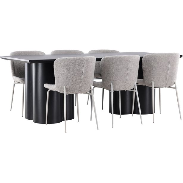 Ruokailuryhmä Venture Home, 210x100cm musta Olivia-pöytä + 6 harmaata Modesto-tuolia, bouclé