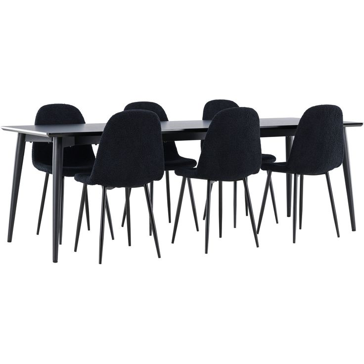 Ruokailuryhmä Venture Home, 230x85cm musta Ellis-pöytä + 6 mustaa Polar-tuolia, teddy