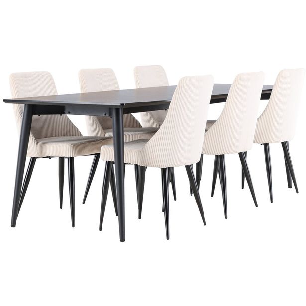 Ruokailuryhmä Venture Home, 230x85cm musta Ellis-pöytä + 6 beigeä Leone-tuolia, vakosametti