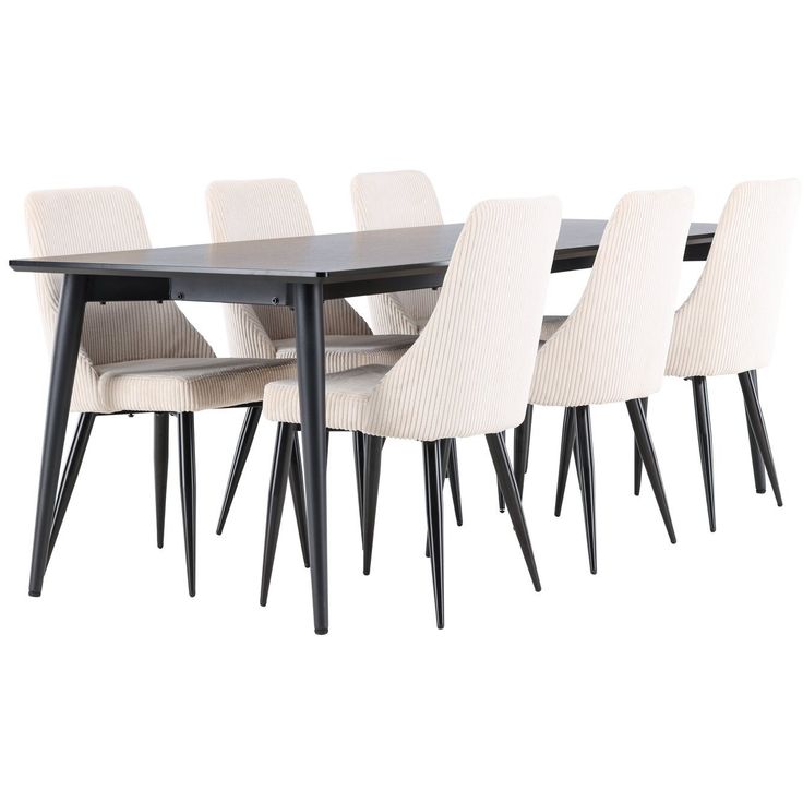 Ruokailuryhmä Venture Home, 230x85cm musta Ellis-pöytä + 6 beigeä Leone-tuolia, vakosametti