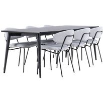 Ruokailuryhmä Venture Home, 230x85cm musta Ellis-pöytä + 6 sinistä Chico-tuolia, bouclé