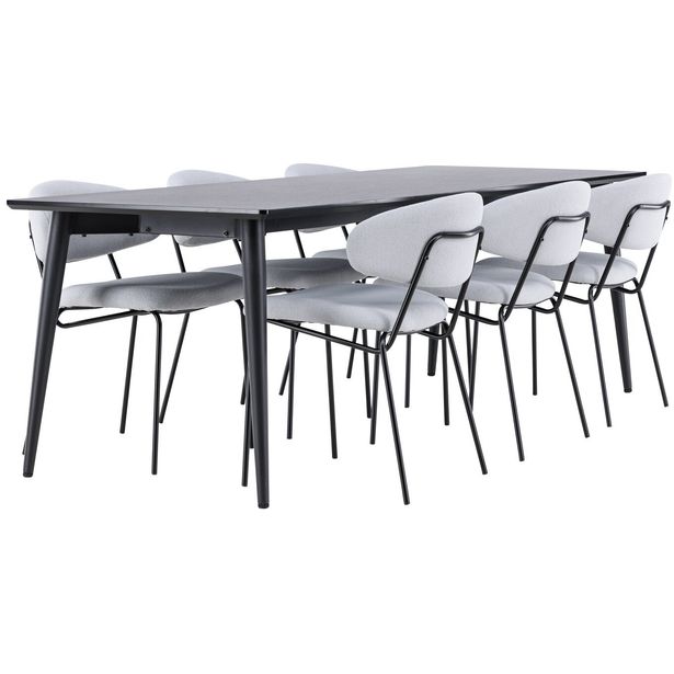 Ruokailuryhmä Venture Home, 230x85cm musta Ellis-pöytä + 6 sinistä Chico-tuolia, bouclé