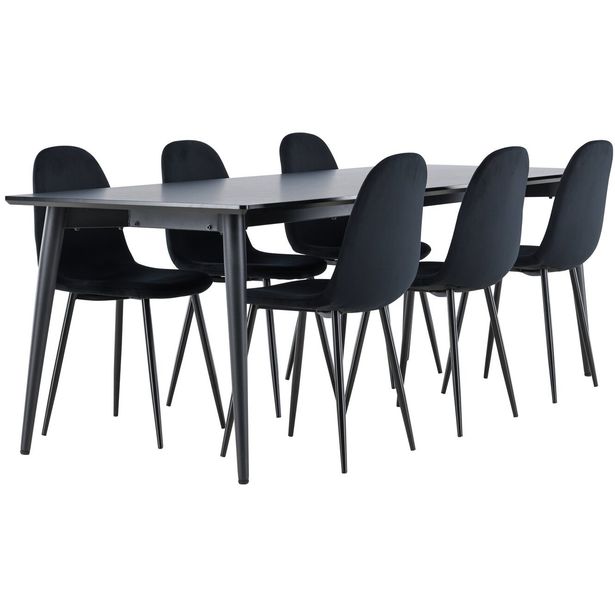 Ruokailuryhmä Venture Home, 230x85cm musta Ellis-pöytä + 6 Polar-tuolia, sametti