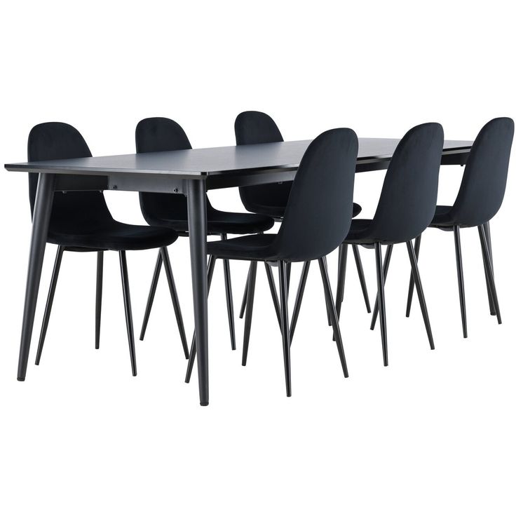 Ruokailuryhmä Venture Home, 230x85cm musta Ellis-pöytä + 6 Polar-tuolia, sametti