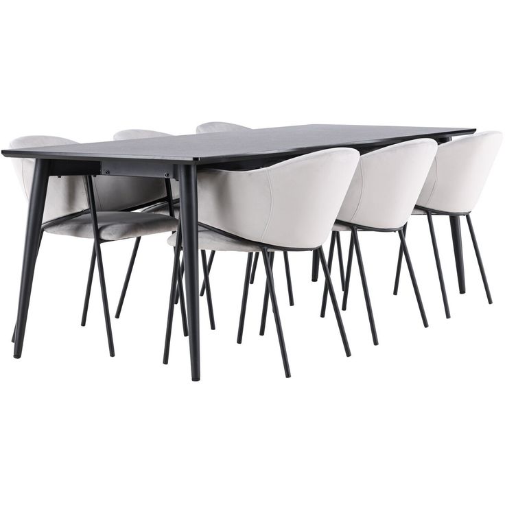 Ruokailuryhmä Venture Home, 230x85cm musta Ellis-pöytä + 6 harmaata Evelina-tuolia, sametti