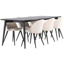 Ruokailuryhmä Venture Home, 230x85cm musta Ellis-pöytä + 6 beigeä Velvet-tuolia, sametti