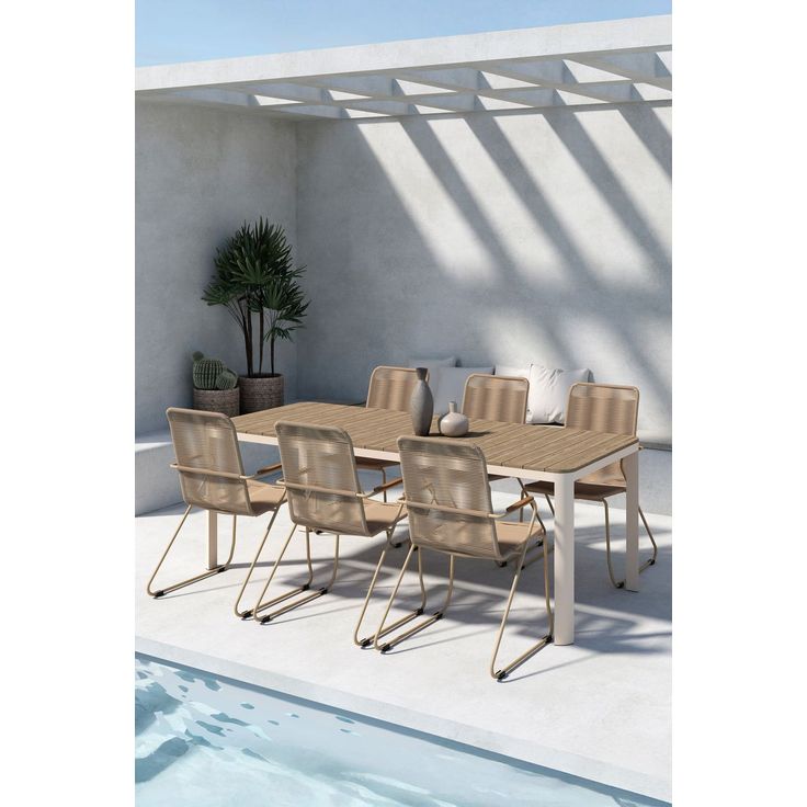 Ruokailuryhmä Venture Home, 210x90cm Etna-pöytä + 6 beigeä Bois-tuolia
