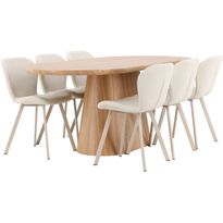 Soikea ruokailuryhmä Venture Home, 200x90cm ruskea Stjärnö-pöytä + 6 beigeä Lilja-tuolia