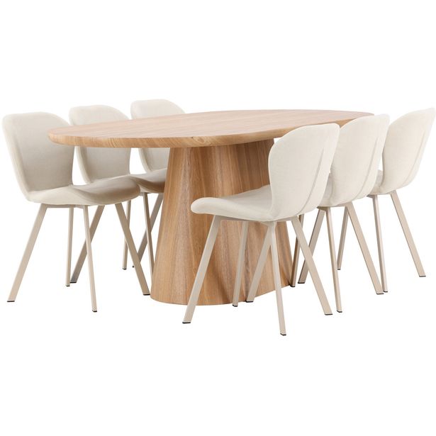 Soikea ruokailuryhmä Venture Home, 200x90cm ruskea Stjärnö-pöytä + 6 beigeä Lilja-tuolia