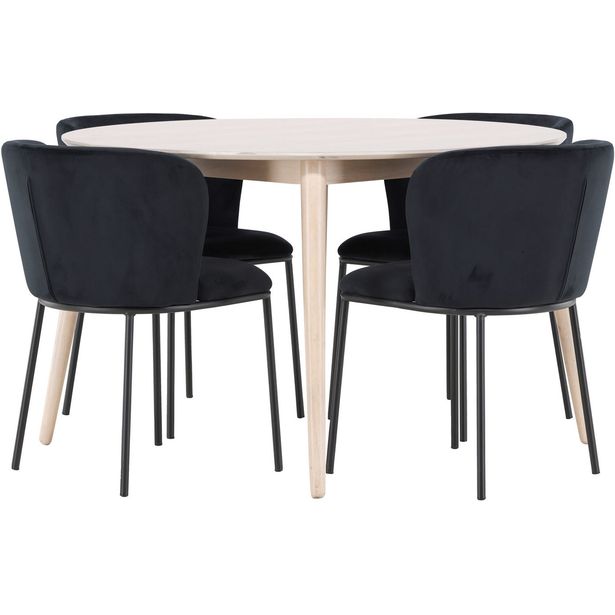 Pyöreä ruokailuryhmä Venture Home, Ø120cm vaalea Flora-pöytä + 4 Edina-tuolia