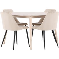 Pyöreä ruokailuryhmä Venture Home, Ø120cm vaalea Flora-pöytä + 4 beigeä Night-tuolia, sametti