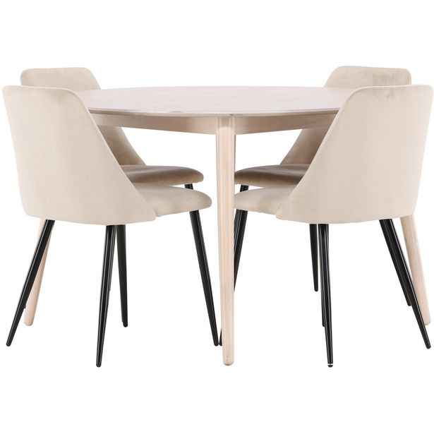 Pyöreä ruokailuryhmä Venture Home, Ø120cm vaalea Flora-pöytä + 4 beigeä Night-tuolia, sametti