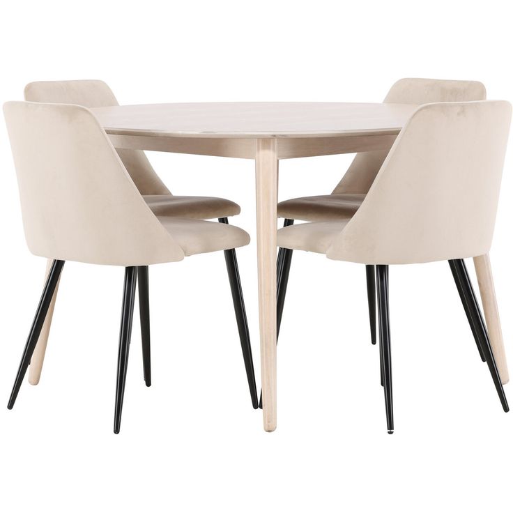 Pyöreä ruokailuryhmä Venture Home, Ø120cm vaalea Flora-pöytä + 4 beigeä Night-tuolia, sametti