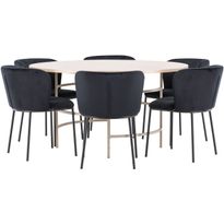 Pyöreä ruokailuryhmä Venture Home, Ø140cm vaalea Copenhagen-pöytä + 6 mustaa Edina-tuolia