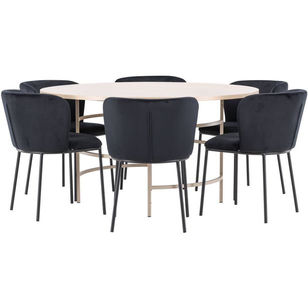 Pyöreä ruokailuryhmä Venture Home, Ø140cm vaalea Copenhagen-pöytä + 6 mustaa Edina-tuolia