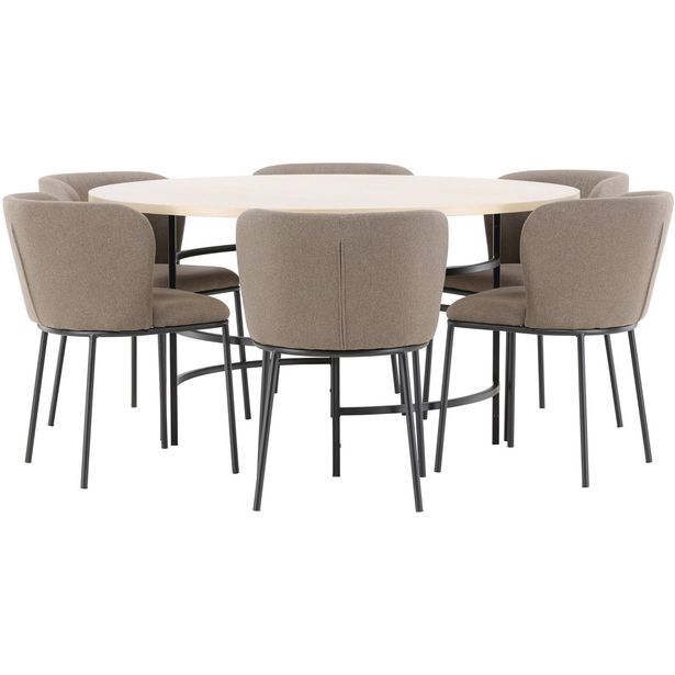 Pyöreä ruokailuryhmä Venture Home, Ø140cm vaalea/musta Copenhagen-pöytä + 6 ruskea/mustaa Edina-tuolia